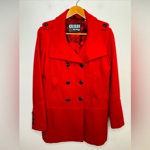 Guess Los Angeles Wool Blend Red Coat Military Inspired Sz Lg Double Breast Look